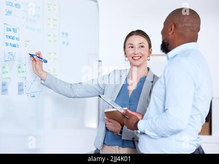 Team of smiling business people using whiteboard to brainstorm strategy in office. Caucasian businesswoman standing with african american businessman Stock Photo