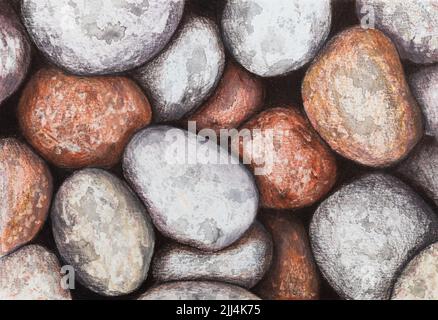 Natural background of stones on the beach, pebbles. Hand-drawn illustration with colored pencils Stock Photo