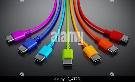 Colorful type C usb cables on dark background. 3D illustration. Stock Photo