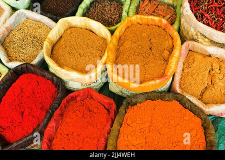 Indian colorful spices at Bagdogra Local market in West Bengal, India. Stock Photo