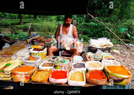 Bagdogra, West Bengal, India. June 24, 2022, A vendor displayed the traditional indian spices in his shop by the street. Indian colorful spices at Bag Stock Photo