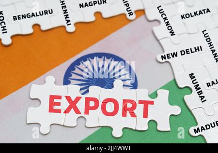 National concept. On the flag of India - puzzles with the names of cities and puzzles with the inscription - Export Stock Photo