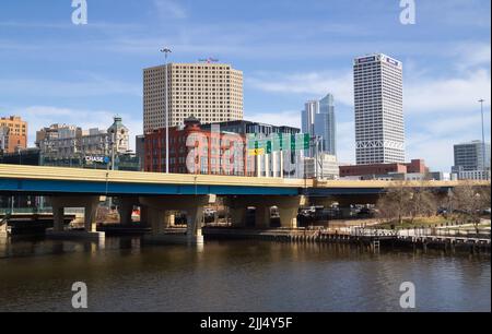 Milwaukee, WI, USA April 14 2022: cityscape skyline view of US Bank Center, Chase Bank skyscraper and other buildings in downtown Milwaukee, Wisconsin Stock Photo