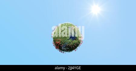 Creative abstract global ecology and environment protection business concept: mini green Earth planet globe with world map with green grass and color Stock Photo