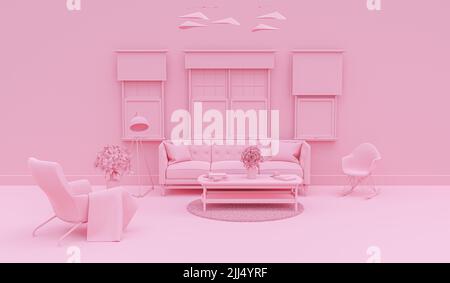 Interior of the living room in plain monochrome pink color with accessories. 3D rendering for web page, presentation or picture frame backgrounds. Stock Photo