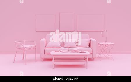 Interior room in plain monochrome pink color with furnitures and room accessories. Light background with copy space. 3D rendering for web page, presen Stock Photo