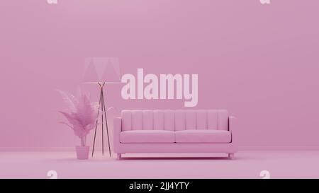 Interior room in plain monochrome light pink color with sofa, floor lamp and decorative vase and plant. Light background with copy space. 3D rendering Stock Photo