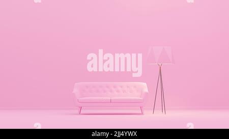 Interior room in plain monochrome light pink color with single chair and floor lamp. Light background with copy space. 3D rendering for web page, pres Stock Photo