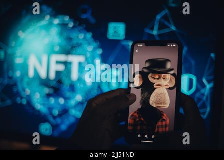 Hand holding a mobile phone showing an NFT Stock Photo