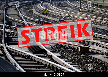German text Streik (meaning strike) over lots of railroad tracks and switches, trade union concept for fair pay and working conditions in the transpor Stock Photo