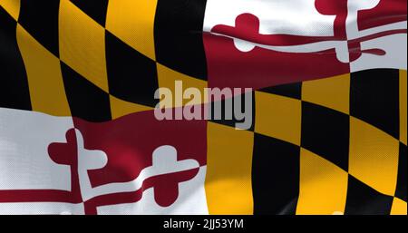 The US state flag of Maryland waving in the wind. Maryland is a state in the Mid-Atlantic region of the United States. Democracy and independence. Stock Photo