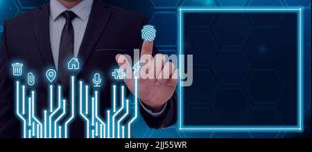 Businessman Pressing On Fingerprint And Displaying Digital S On Futuristic Glowing Lines. Man In Suit Presenting Important Data And Innovations In Stock Photo