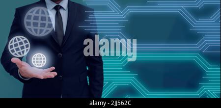 Businessman Presenting S Over Hand And Showing Important Messages. Man In Suit Displaying Different Symbols Above Palm And Crutial Informations On Stock Photo