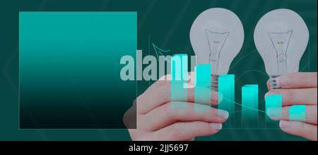 Hands Of Businesswoman Holding Light Bulbs By Digital Bar And Lines Graphs With Arrow Moving Up. Woman Presenting New Ideas And Graphical Box For Stock Photo