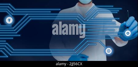 Doctor Holding Pen Pointing On Gear With Futuristic Framework And Different Symbols. Scientist Wearing Gloves Having Pencil In Hand Presenting Stock Photo