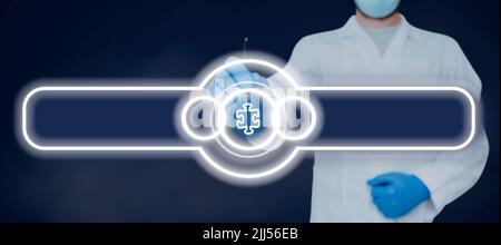 Doctor Holding Pen Pointing On Jigsaw Piece In Futuristic Digital Display. Scientist Having Pen In Hand Pressing Symbol Showing Crucial Information Stock Photo
