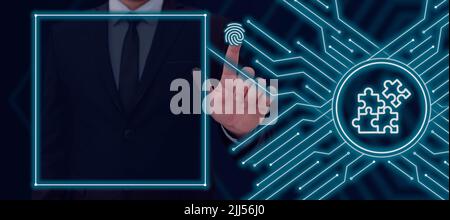 Businessman Pointing On Fingerprint With Crucial Information And Displaying A Digital With Futuristic Glowing Lines. Man Presenting Software Data In A Stock Photo