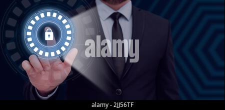 Businessman Pointing Finger And Projecting A Digital Lock In A Futuristic Round Design. Standing Man In A Suit Showing Encrypted Messages In A Secured Stock Photo