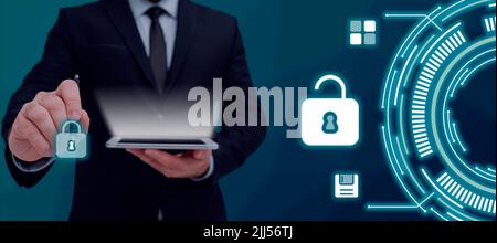 Adult Holding Pen And Teblet In Hand And Pointing The Lock Technology Symble.Man Controlling The Security Smart Lock Digital Screen.Science Concepts Stock Photo