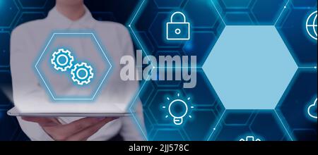Businesswoman Holding A Tablet With Digital Symbols And Settings In An Abstract Hexagon Pattern. Woman With Pad Presenting Innovation And Important Stock Photo