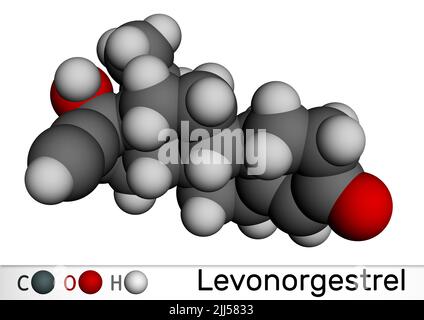 Levonorgestrel progestin molecule. It is synthetic progestogen, contraceptive. Molecular model. 3D rendering. Illustration Stock Photo