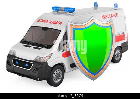 Ambulance van with shield. 3D rendering isolated on white background Stock Photo