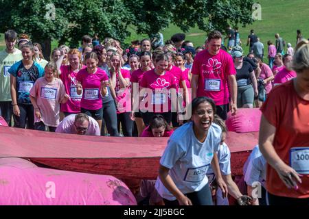 Abington Park, Northampton, UK. 23rd July 2022. Race for Life Pretty Muddy, raising funds for Cancer Research, a  obstacle route which meanders through the very scenic Abington Park. Credit: Keith J Smith./Alamy Live News. Stock Photo