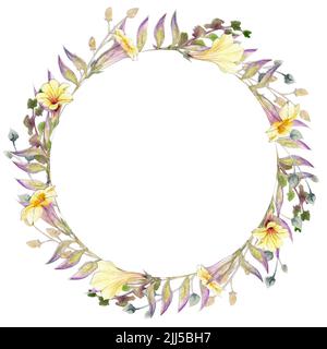 Frame with hand drawn watercolor autumn flowers, branches and leaves. Isolated on white background. Stock Photo