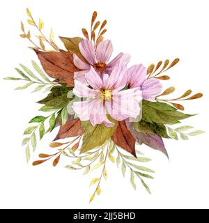 Bouquet arrangement with hand drawn watercolor autumn flowers, branches and leaves. Isolated on white background. Stock Photo