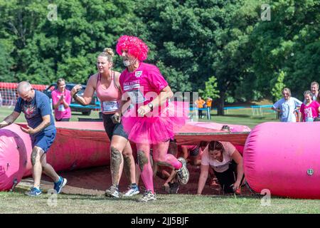 Abington Park, Northampton, UK. 23rd July 2022. Race for Life Pretty Muddy, raising funds for Cancer Research, a  obstacle route which meanders through the very scenic Abington Park. Credit: Keith J Smith./Alamy Live News. Stock Photo