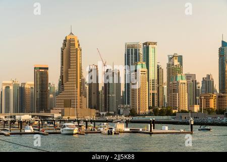 United Arab Emirates, Dubai, Dubai Marina with tall skyscrapers in background Stock Photo
