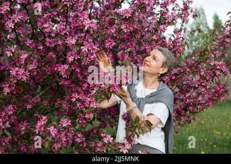 Smiling woman looking at pink flowers on apple tree Stock Photo