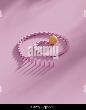 Studio shot of yellow sphere knocking down domino pieces organized in spiral Stock Photo