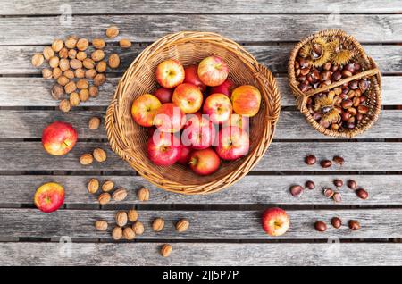 Apples, walnuts and chestnuts picked up during autumn garden harvest Stock Photo