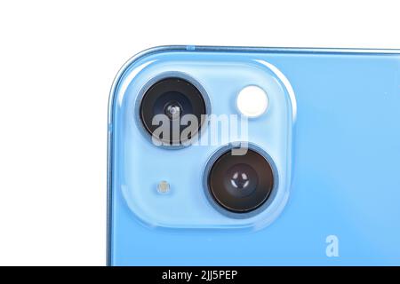 Close up of phone camera lens on white background Stock Photo