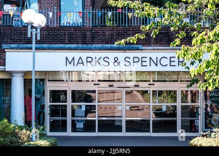 Dorking Surrey Hills UK, July 10 2022, Marks And Spencer Department Store Entrance With No People And Changing High Street Spending Habits Stock Photo