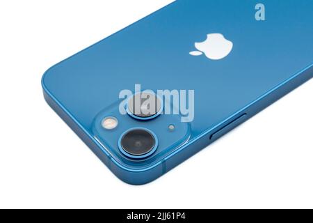 Blue Apple iPhone 13 Mini cut out isolated on white background Stock Photo