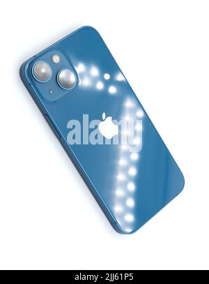 Blue Apple iPhone 13 Mini cut out isolated on white background Stock Photo