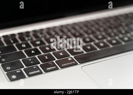 Close up of the keyboard on the Apple MacBook Air with Apple Silicon M1 CPU Stock Photo