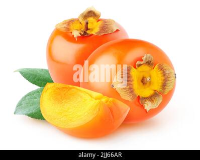Cut kaki (persimmon) fruits isolated on white background Stock Photo