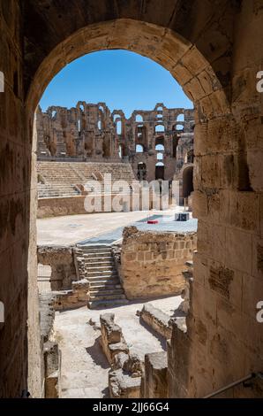 Looking into the arena  inside the ruins of the immense Roman amphitheatre in El Jem, Tunisia. Stock Photo