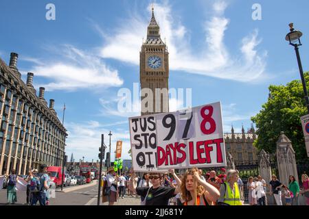 London, England, UK 23-07-2022 All We Want is to Just Stop Oil, Cost of Living and Climate Crisis protest. Activists from Extinction Rebellion, Just Stop Oil and Insulate Britain join forces to protest at the Houses of Parliament Stock Photo