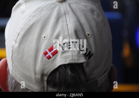 Copenhagen /Denmark/23 July 2022/  Man wears danish vetern cap uring jurney in Copenhagen Denmark,  (Photo..Francis  Dean/Dean Pictures. Stock Photo