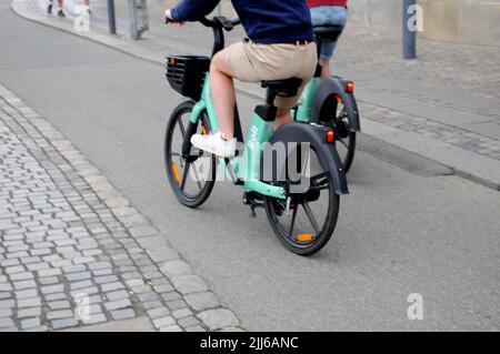 Copenhagen /Denmark/23 July 2022/ Electric bike tourists  ride bolt electric bikes in danish cpital.   (Photo..Francis  Dean/Dean Pictures. Stock Photo