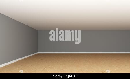 Interior Corner of the Room with Grey Walls, White Ceiling, Wooden Parquet Flooring and a White Plinth. Unfurnished Empty Room Concept, Frontal View. 3D Render, 8K Ultra HD, 7680x4320, 300 dpi Stock Photo