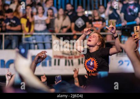 Fans and the crowd enjoy 'No te va a gustar' perform. Stock Photo