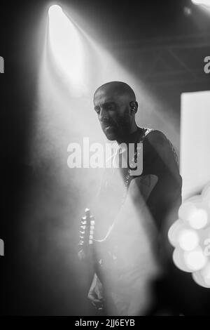 Pablo Coniberti perform between the stage lights during No Te Va a Gustar show in Corrientes, Argentina. Stock Photo