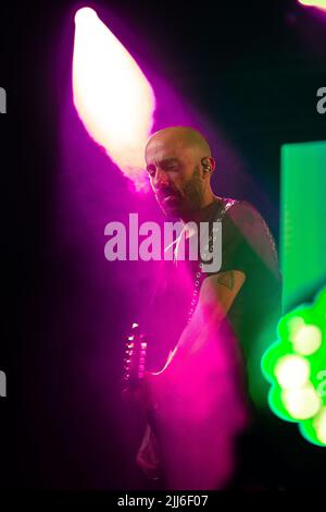 Pablo Coniberti perform between the stage lights during No Te Va a Gustar show in Corrientes, Argentina. Stock Photo