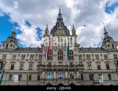 Graz, Austria - June 6, 2022 - Front view of the Graz city hall and main square from Castle Hill (Schlossberg) on a sunny summer day. Stock Photo