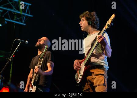 No Te Va a Gustar bass guitarist, Guzman Silveira, performs during a show in Corrientes, Argentina. Stock Photo